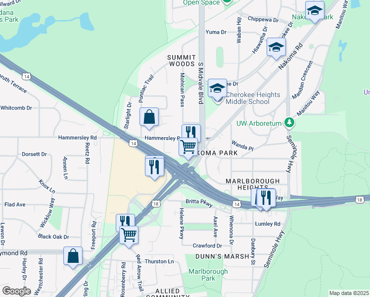 map of restaurants, bars, coffee shops, grocery stores, and more near 1328 South Midvale Boulevard in Madison