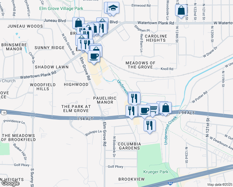map of restaurants, bars, coffee shops, grocery stores, and more near 13050 West Bluemound Road in Elm Grove