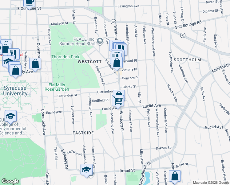 map of restaurants, bars, coffee shops, grocery stores, and more near 710 Maryland Avenue in Syracuse