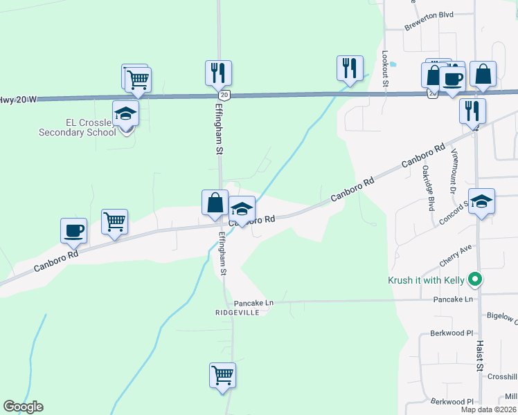 map of restaurants, bars, coffee shops, grocery stores, and more near 269 Canboro Road in Pelham
