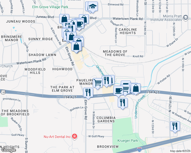 map of restaurants, bars, coffee shops, grocery stores, and more near 13050 West Bluemound Road in Elm Grove