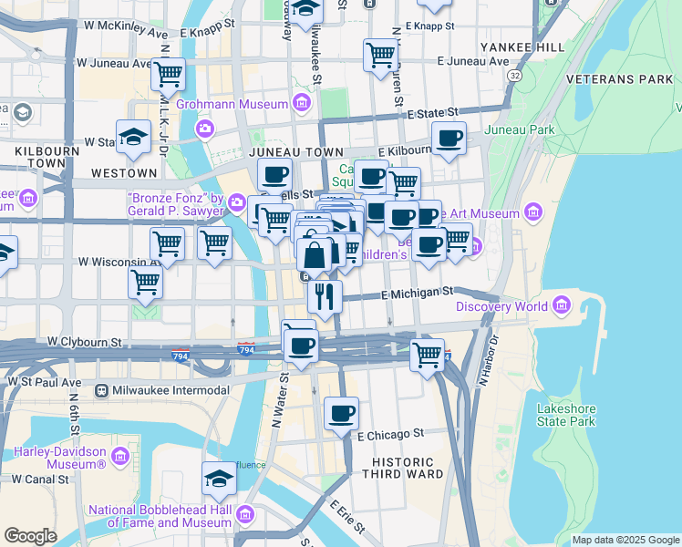 map of restaurants, bars, coffee shops, grocery stores, and more near 601 North Jefferson Street in Milwaukee