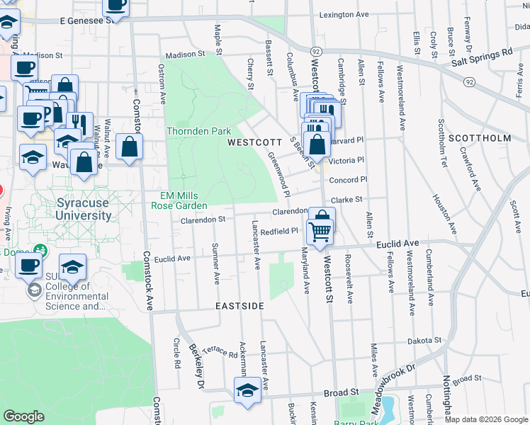 map of restaurants, bars, coffee shops, grocery stores, and more near 519 Clarendon Street in Syracuse