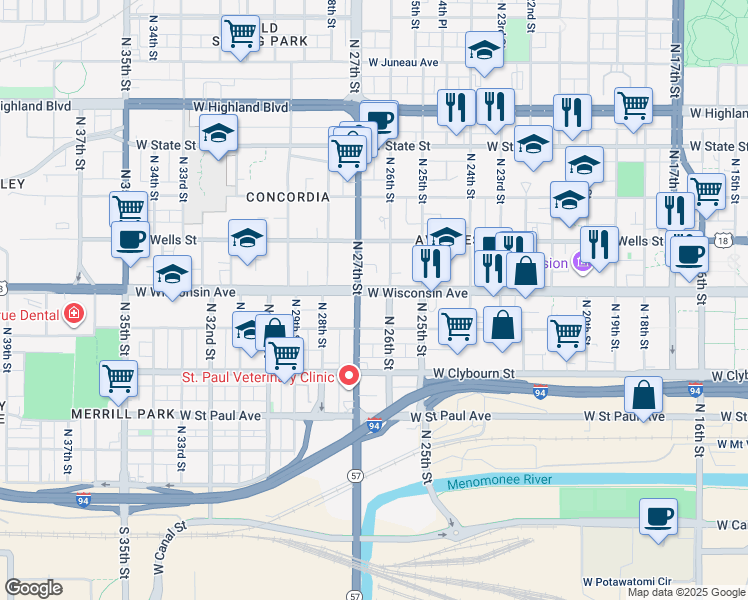 map of restaurants, bars, coffee shops, grocery stores, and more near 635 North 26th Street in Milwaukee