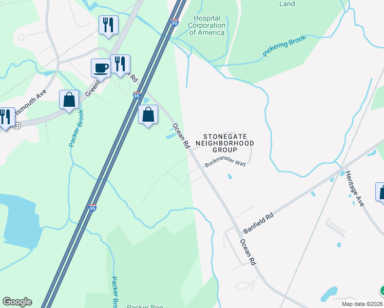 map of restaurants, bars, coffee shops, grocery stores, and more near 5 Buckminster Way in Portsmouth
