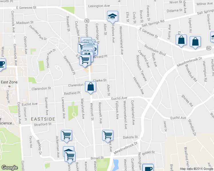map of restaurants, bars, coffee shops, grocery stores, and more near 733-35 Allen Street in Syracuse