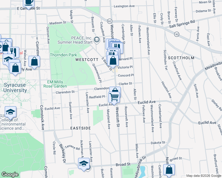 map of restaurants, bars, coffee shops, grocery stores, and more near 710 Maryland Avenue in Syracuse