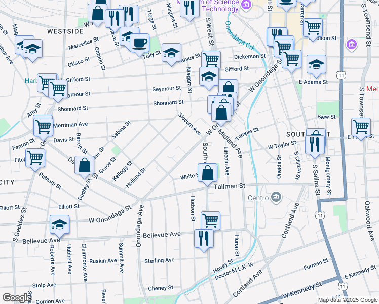 map of restaurants, bars, coffee shops, grocery stores, and more near 648 West Onondaga Street in Syracuse