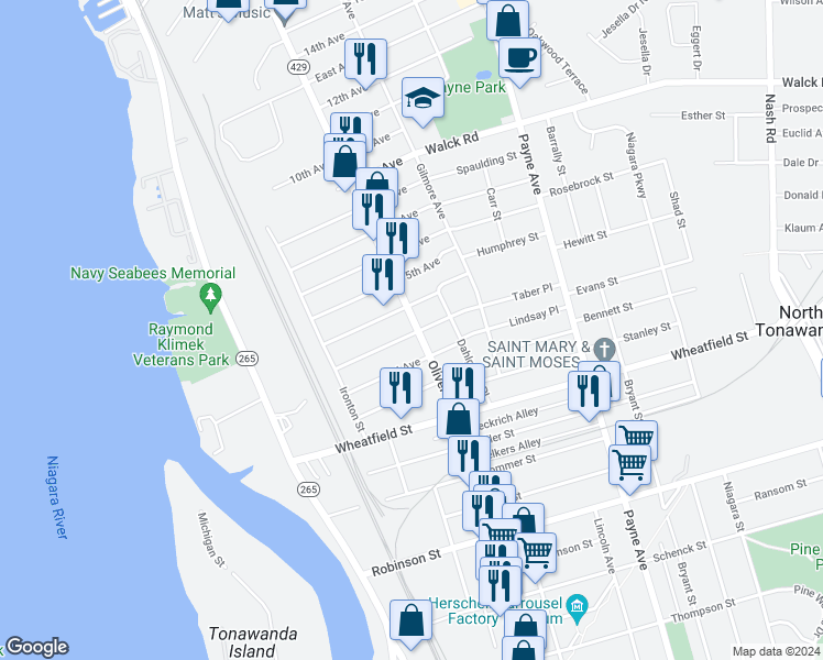map of restaurants, bars, coffee shops, grocery stores, and more near 580 Oliver Street in North Tonawanda