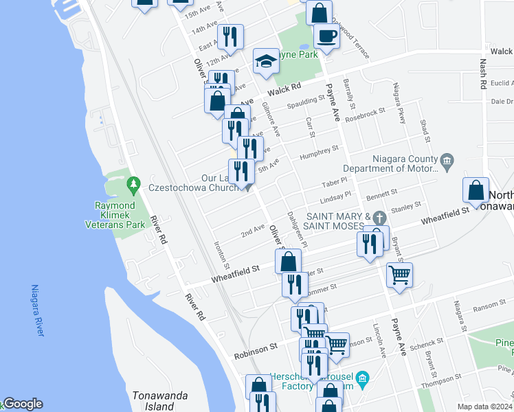map of restaurants, bars, coffee shops, grocery stores, and more near 580 Oliver Street in North Tonawanda
