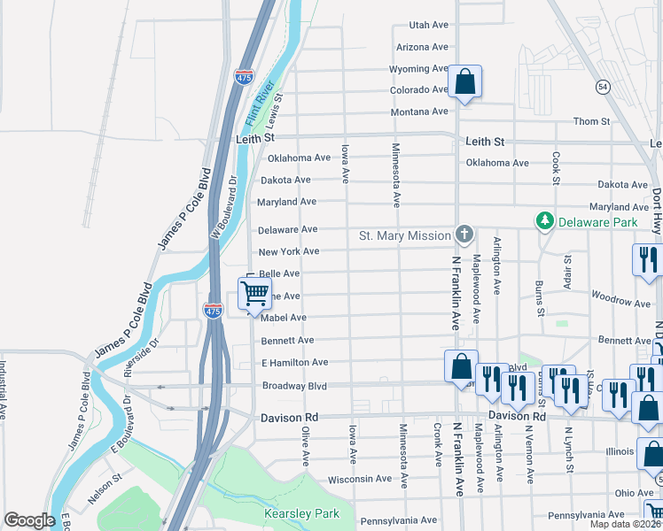 map of restaurants, bars, coffee shops, grocery stores, and more near 1534 Belle Avenue in Flint