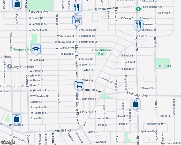 map of restaurants, bars, coffee shops, grocery stores, and more near 2320 Alexander Street in Flint