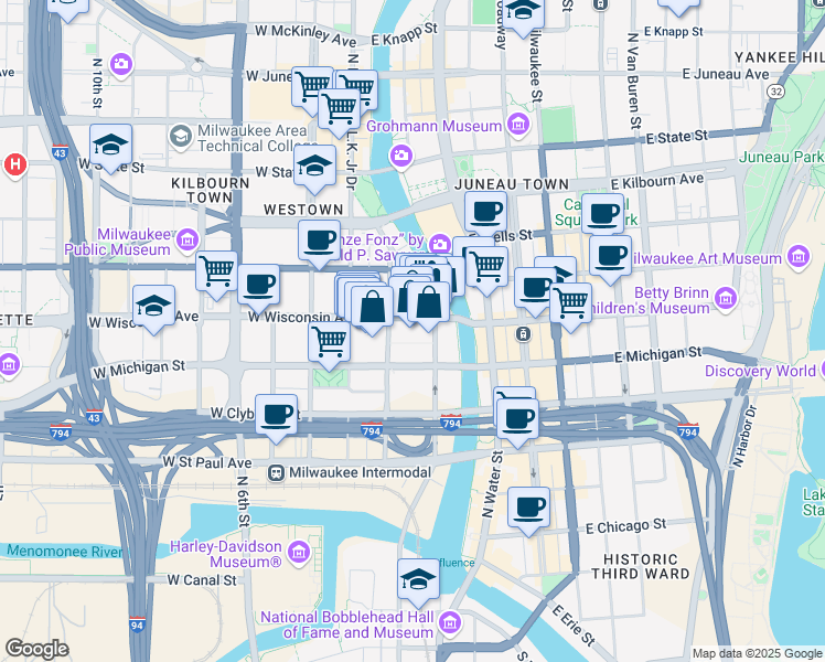 map of restaurants, bars, coffee shops, grocery stores, and more near 161 West Wisconsin Avenue in Milwaukee