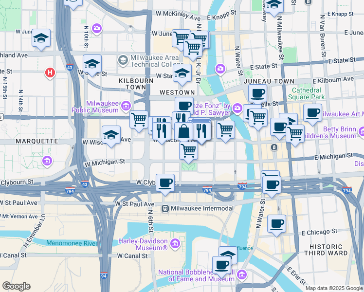 map of restaurants, bars, coffee shops, grocery stores, and more near 615 Vel R. Phillips Avenue in Milwaukee