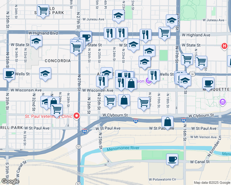 map of restaurants, bars, coffee shops, grocery stores, and more near 617 North 23rd Street in Milwaukee