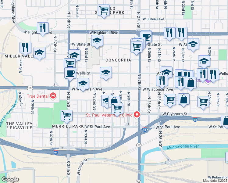 map of restaurants, bars, coffee shops, grocery stores, and more near 618 North 30th Street in Milwaukee