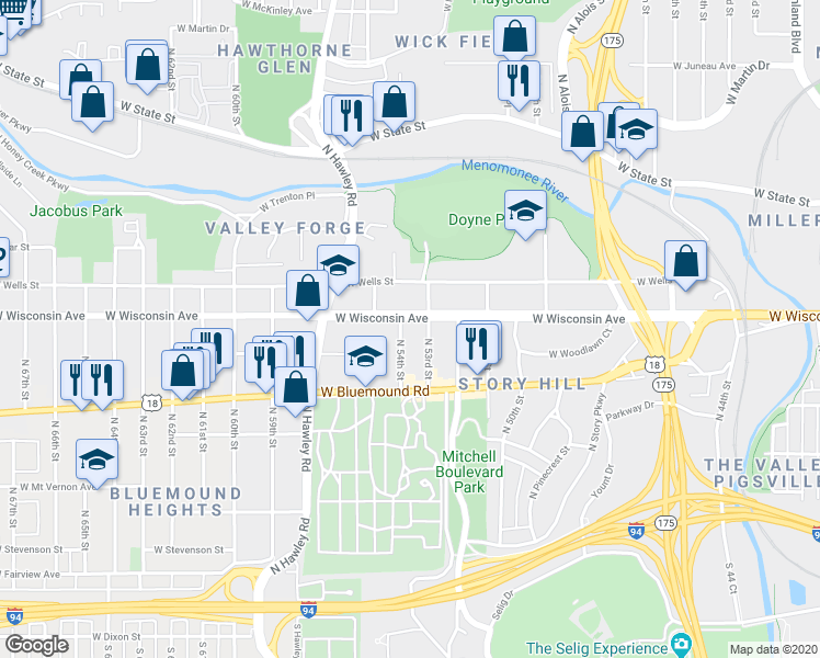 map of restaurants, bars, coffee shops, grocery stores, and more near 608 North 54th Street in Milwaukee
