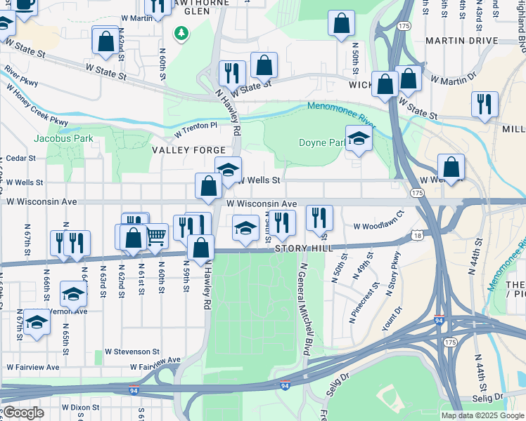 map of restaurants, bars, coffee shops, grocery stores, and more near 608 North 54th Street in Milwaukee