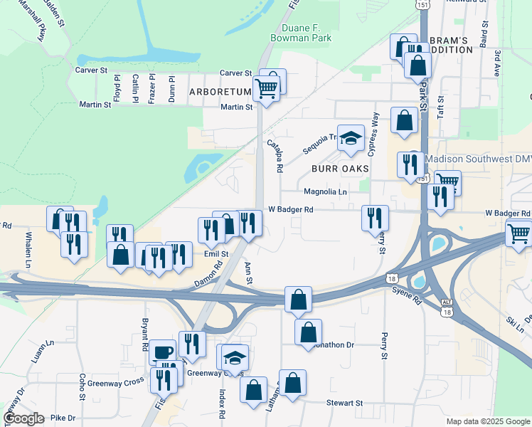 map of restaurants, bars, coffee shops, grocery stores, and more near 1122 Alrita Court in Madison