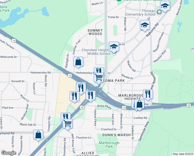 map of restaurants, bars, coffee shops, grocery stores, and more near 1328 South Midvale Boulevard in Madison