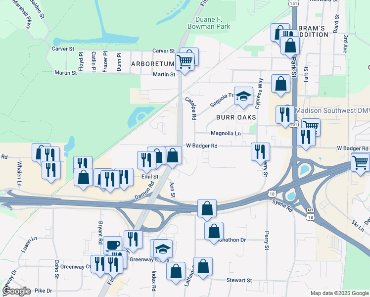 map of restaurants, bars, coffee shops, grocery stores, and more near 1122 Alrita Court in Madison