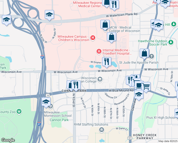 map of restaurants, bars, coffee shops, grocery stores, and more near 1345 North 90th Street in Milwaukee