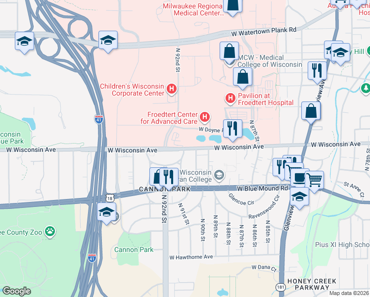 map of restaurants, bars, coffee shops, grocery stores, and more near N 91st St & W Wisconsin Ave in Milwaukee