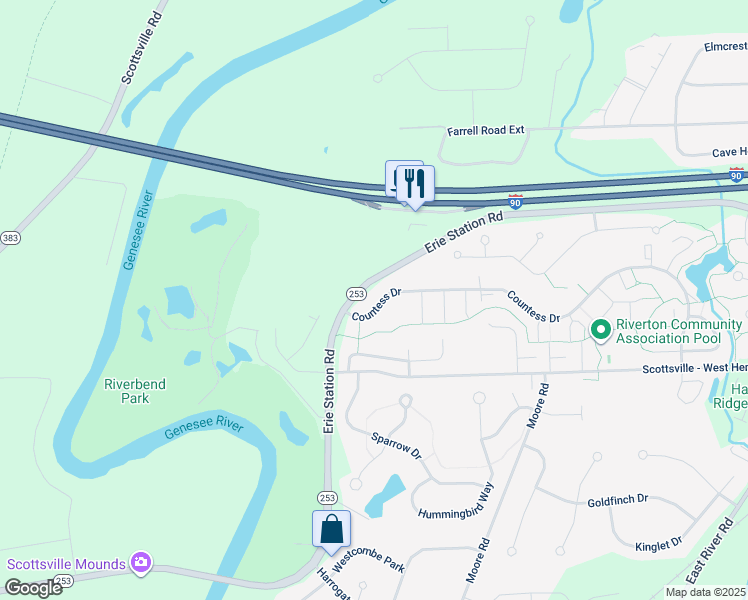 map of restaurants, bars, coffee shops, grocery stores, and more near 540 Countess Drive in West Henrietta