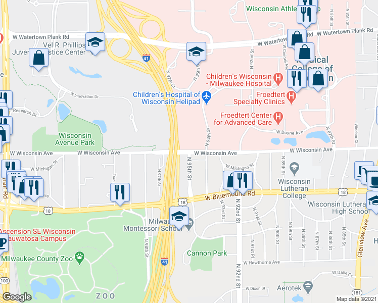 map of restaurants, bars, coffee shops, grocery stores, and more near North 95th Street in Wauwatosa