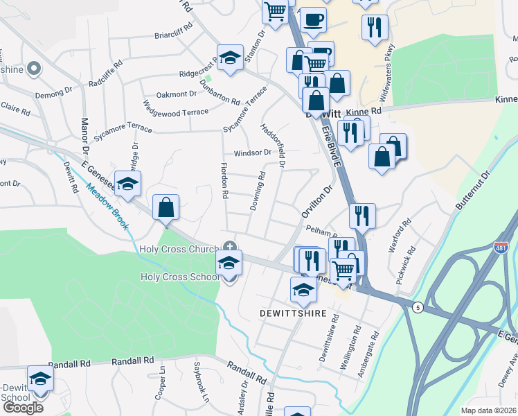 map of restaurants, bars, coffee shops, grocery stores, and more near 105 Downing Road in Syracuse