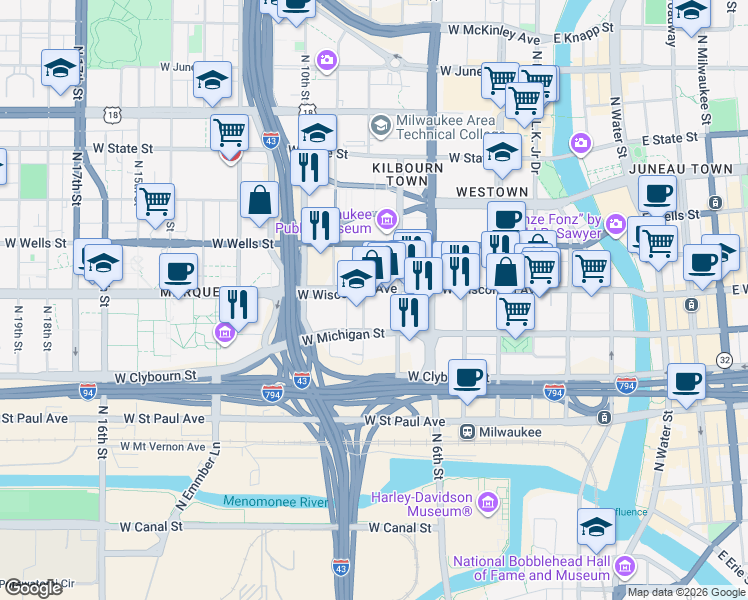 map of restaurants, bars, coffee shops, grocery stores, and more near 735 West Wisconsin Avenue in Milwaukee