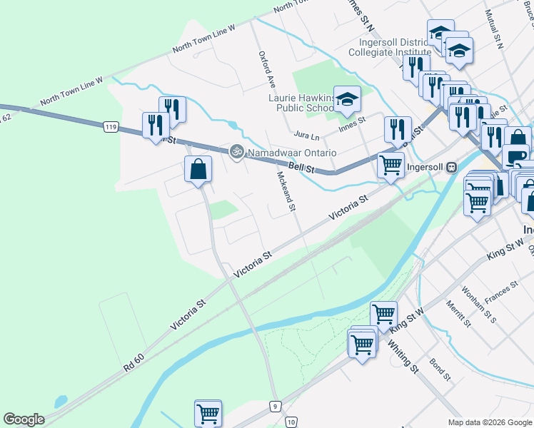 map of restaurants, bars, coffee shops, grocery stores, and more near 16 Hillside Road in Ingersoll