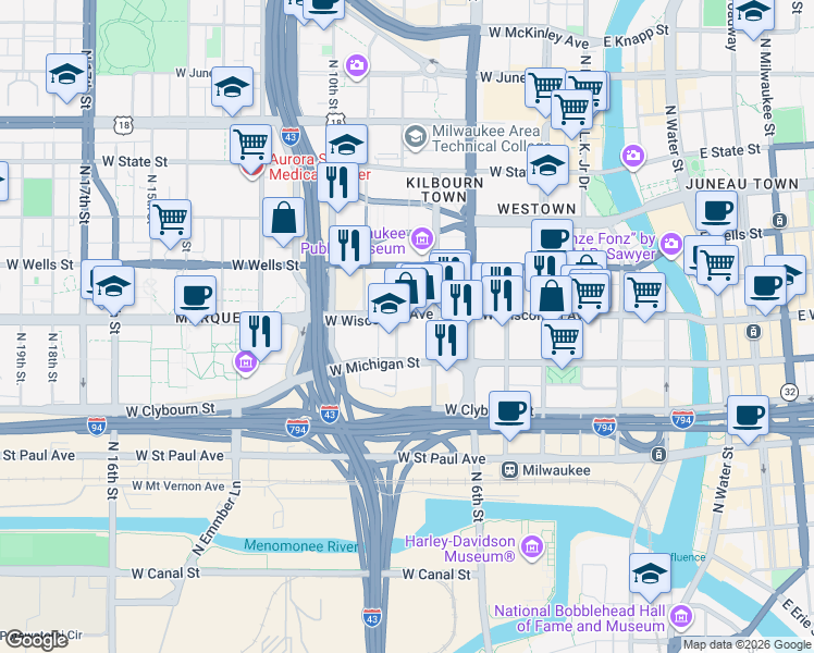map of restaurants, bars, coffee shops, grocery stores, and more near 625 North 7th Street in Milwaukee