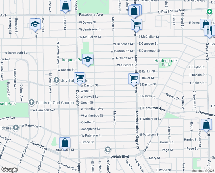 map of restaurants, bars, coffee shops, grocery stores, and more near 323 West Dayton Street in Flint