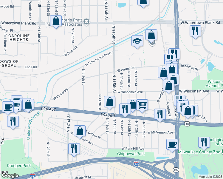 map of restaurants, bars, coffee shops, grocery stores, and more near 11425 West Wisconsin Avenue in Wauwatosa