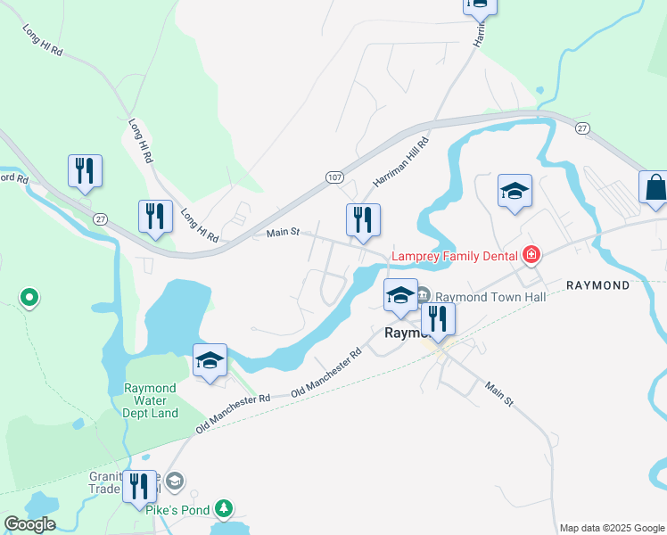 map of restaurants, bars, coffee shops, grocery stores, and more near 5 Cote Circle in Raymond