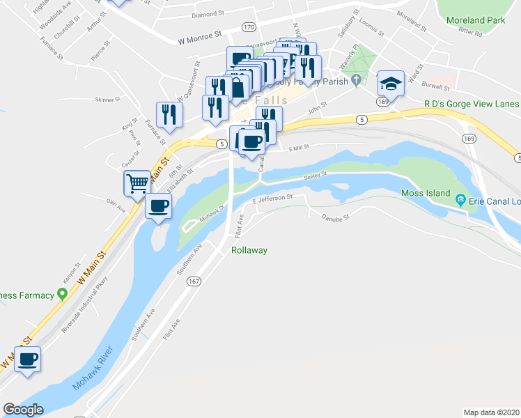 map of restaurants, bars, coffee shops, grocery stores, and more near 37 West Casler Street in Little Falls