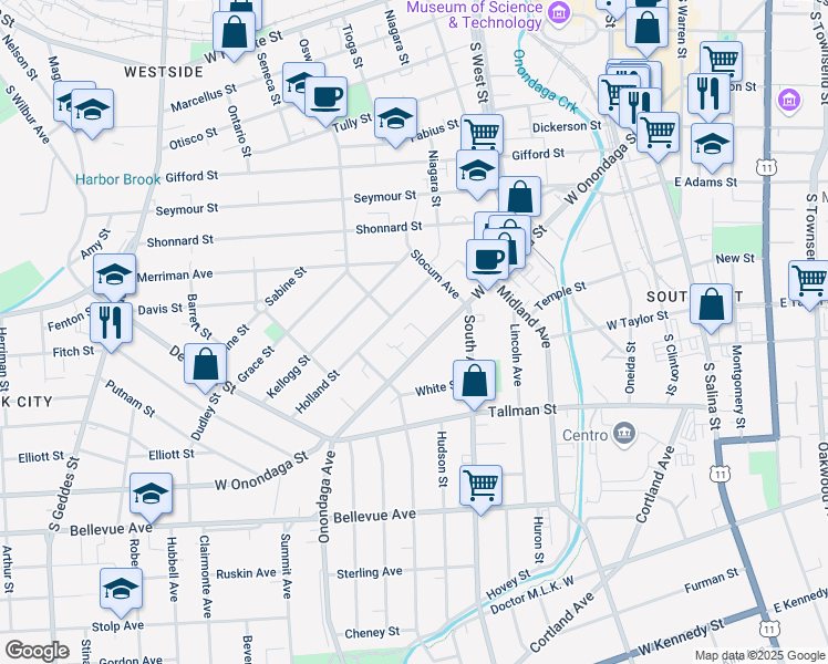 map of restaurants, bars, coffee shops, grocery stores, and more near 648 West Onondaga Street in Syracuse