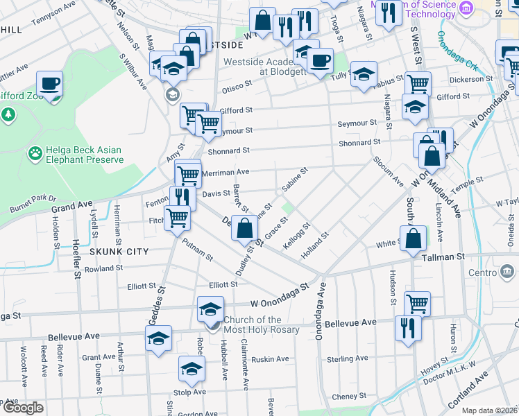 map of restaurants, bars, coffee shops, grocery stores, and more near 221 Sabine Street in Syracuse
