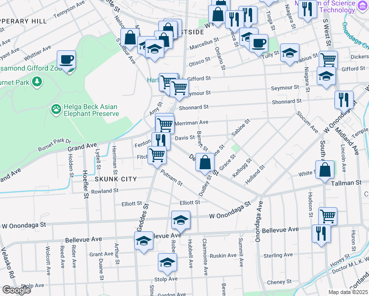 map of restaurants, bars, coffee shops, grocery stores, and more near 549-51 Delaware Street in Syracuse
