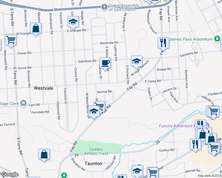 map of restaurants, bars, coffee shops, grocery stores, and more near 104 Norma Road in Syracuse