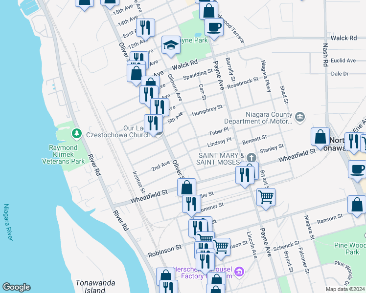 map of restaurants, bars, coffee shops, grocery stores, and more near 125 2nd Avenue in North Tonawanda