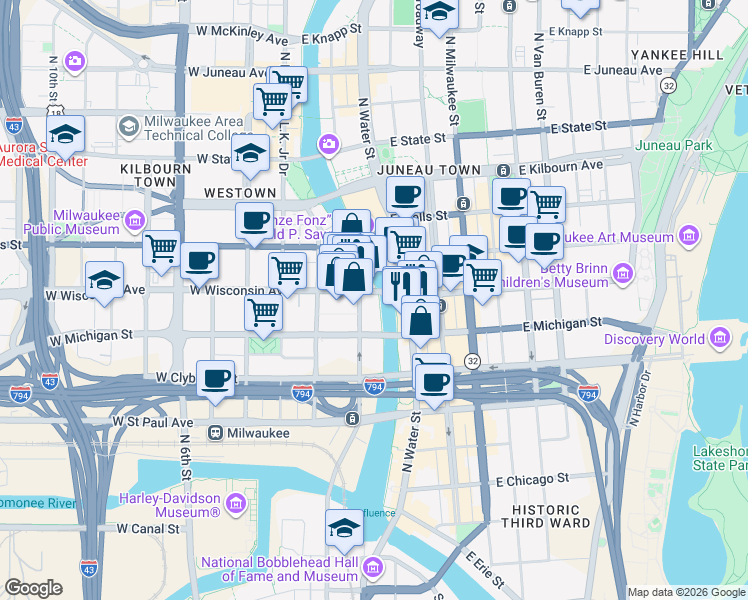 map of restaurants, bars, coffee shops, grocery stores, and more near in Milwaukee