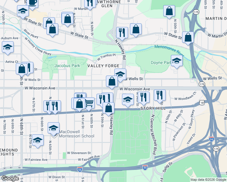map of restaurants, bars, coffee shops, grocery stores, and more near 608 North Hawley Road in Milwaukee