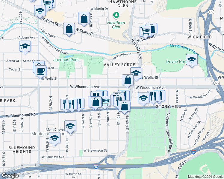 map of restaurants, bars, coffee shops, grocery stores, and more near 5928 West Michigan Street in Wauwatosa