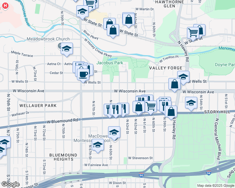 map of restaurants, bars, coffee shops, grocery stores, and more near 612 North 65th Street in Wauwatosa