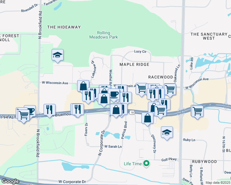 map of restaurants, bars, coffee shops, grocery stores, and more near 600 Woelfel Road in Brookfield