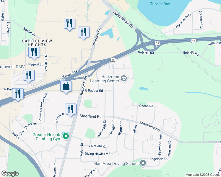 map of restaurants, bars, coffee shops, grocery stores, and more near 2502 Badger Lane in Madison