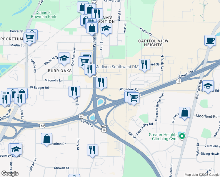 map of restaurants, bars, coffee shops, grocery stores, and more near 711 West Badger Road in Madison