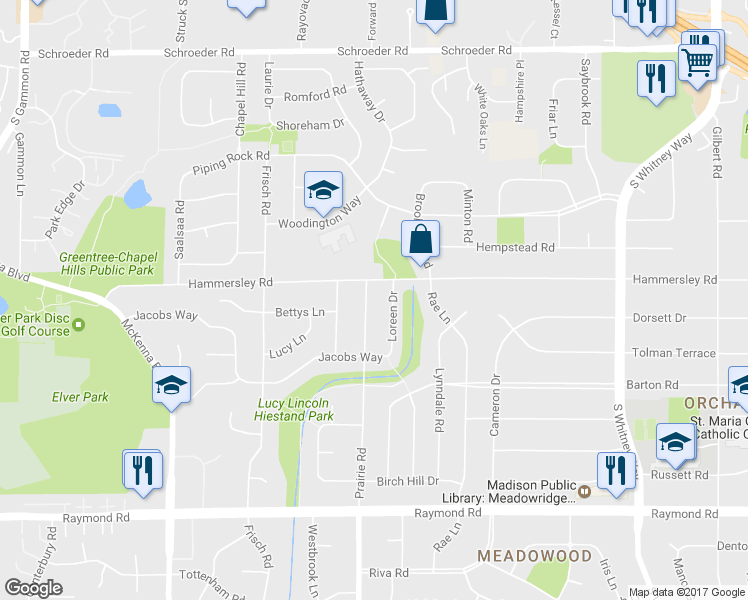 map of restaurants, bars, coffee shops, grocery stores, and more near 1401 Prairie Road in Madison